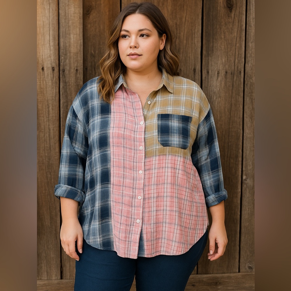 Ee:Some Patchwork Plaid Button Down Shirt 1xl Ove… - image 1